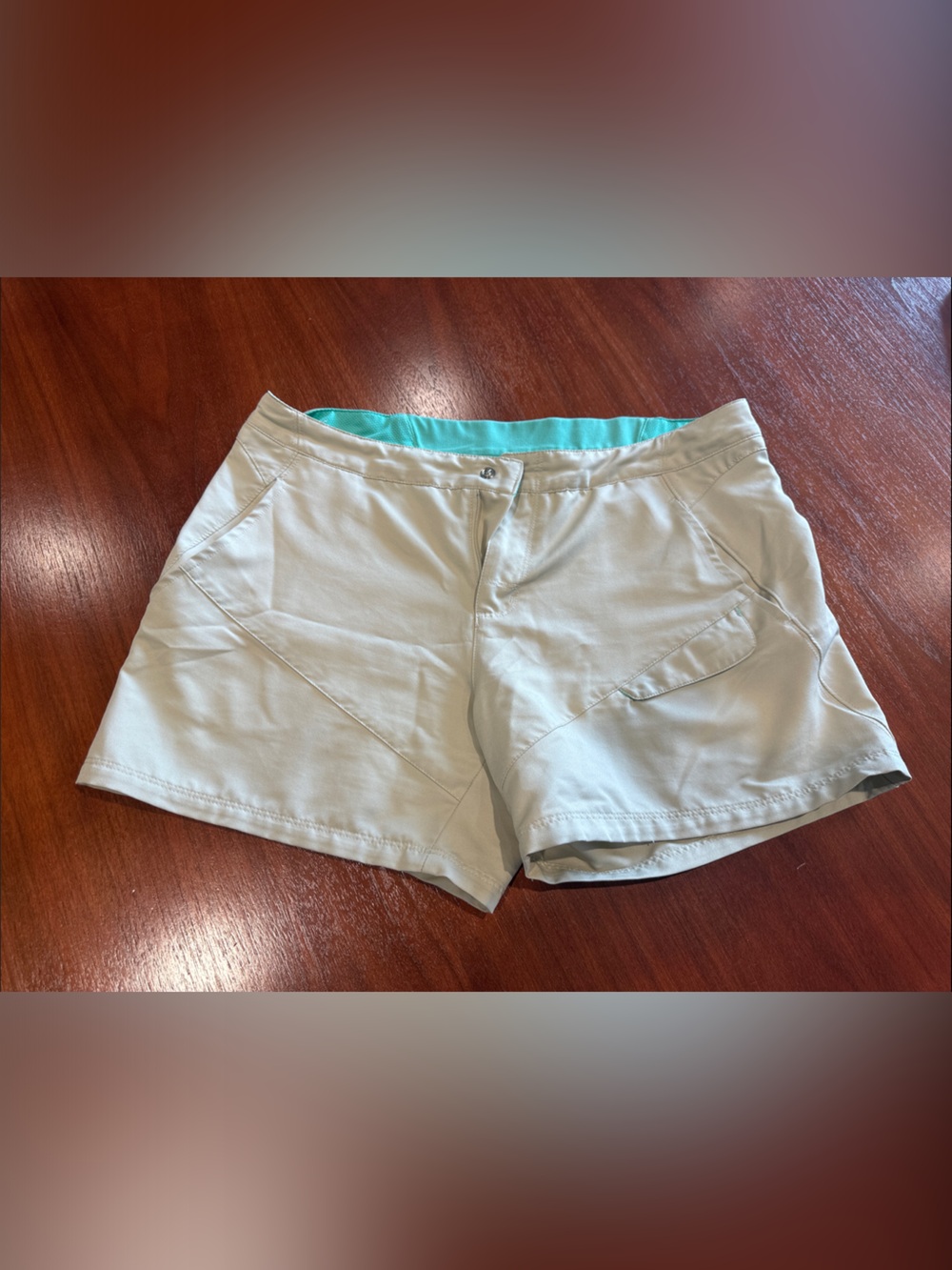 Nike Women's Light Khaki Performance Shorts with Teal Waistband